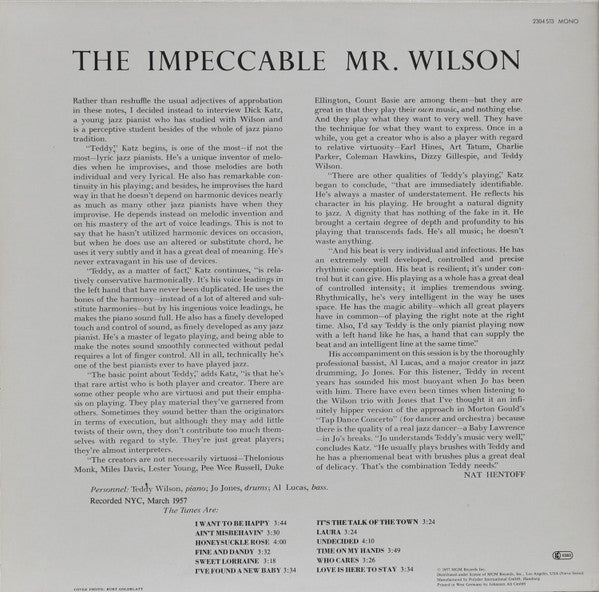 Teddy Wilson : The Impeccable Mr. Wilson (LP, Album, Mono)