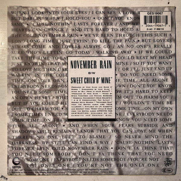 Guns N' Roses : November Rain (7", Single)