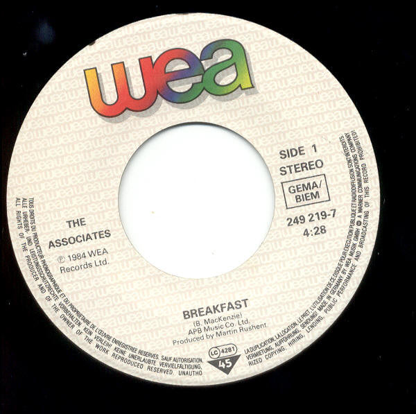 The Associates : Breakfast (7", Single)