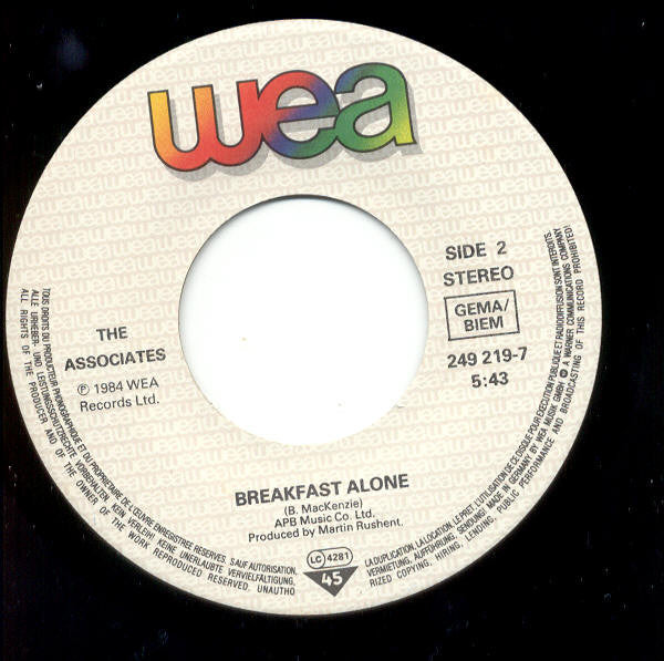 The Associates : Breakfast (7", Single)