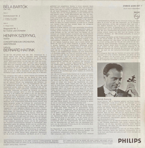 Béla Bartók, Henryk Szeryng, Concertgebouworkest, Bernard Haitink : Violinkonzert Nr.2 / Rhapsodie Nr.1 (LP)