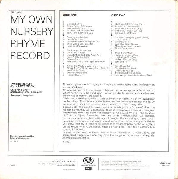 Cynthia Glover / John Lawrenson With The Children's Choir (2) : My Own Nursery Rhyme Record (LP)