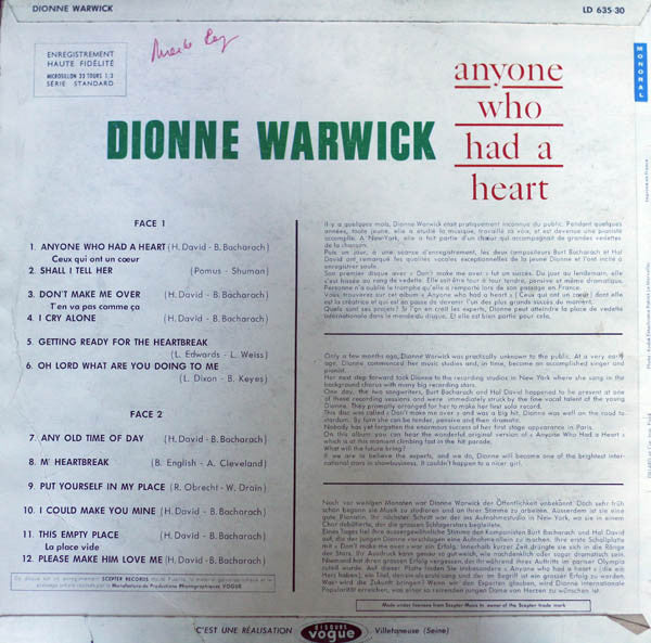 Dionne Warwick : Anyone Who Had A Heart (LP, Album)