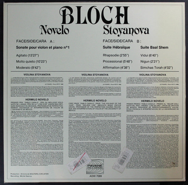 Ernest Bloch – Hermilo Novelo, Violina Stoyanova : Suite Baal Shem — Suite Hebraique — Sonate N° 1 (LP)
