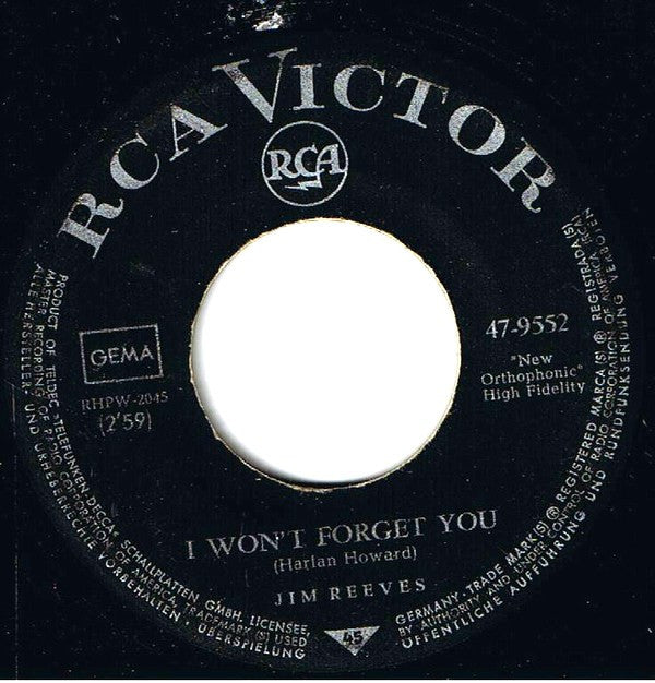 Jim Reeves : I Won't Forget You / A Stranger's Just A Friend (7", Single)