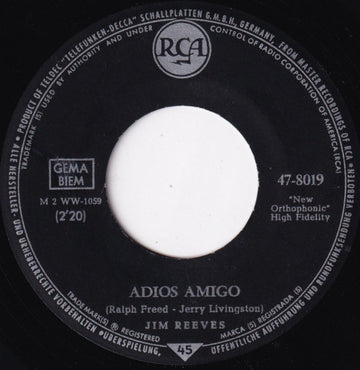 Jim Reeves : Adios Amigo / A Letter To My Heart (7", Single)