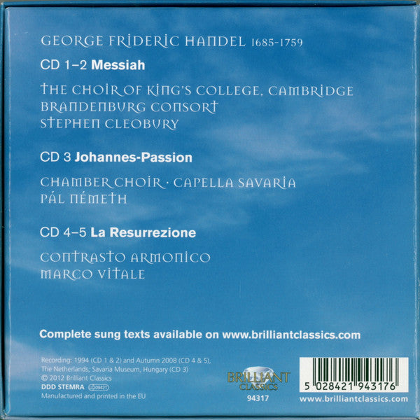 Georg Friedrich Händel : Messiah / Johannes-Passion / La Resurrezione (5xCD + Box, Comp)