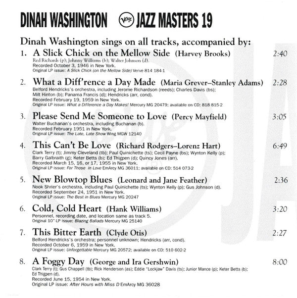 Dinah Washington : Verve Jazz Masters 19 (CD, Comp)