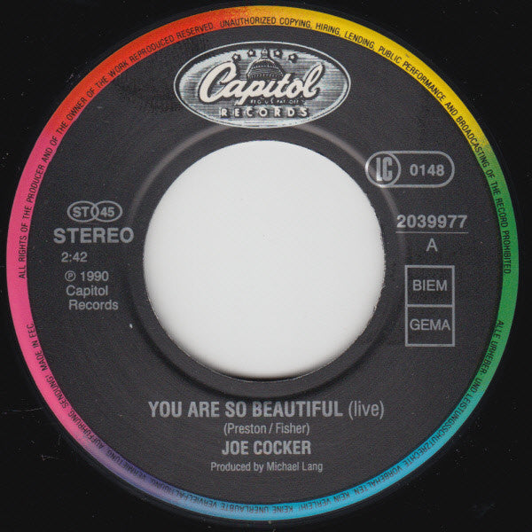 Joe Cocker : You Are So Beautiful (Live) (7", Single)