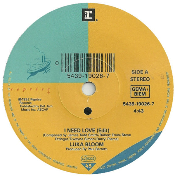 Luka Bloom : I Need Love (7", Single)