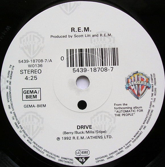 R.E.M. : Drive (7", Single, Sma)