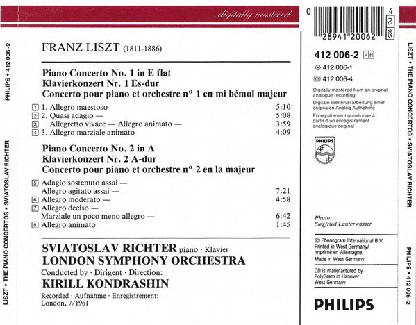 Liszt* ; Sviatoslav Richter, London Symphony Orchestra, Kirill Kondrashin* : The Piano Concertos (CD, RE)
