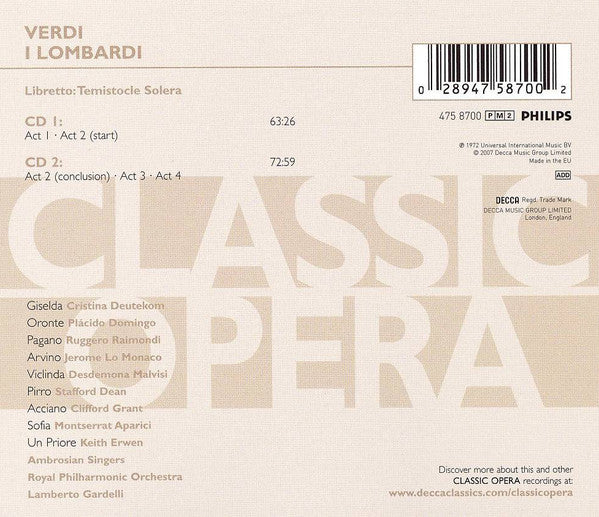 Verdi* - Deutekom* · Domingo* · Raimondi* · Ambrosian Singers* · Royal Philharmonic Orchestra · Gardelli* : I Lombardi (2xCD, Album, RE, RM)