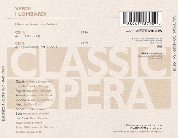 Verdi* - Deutekom* · Domingo* · Raimondi* · Ambrosian Singers* · Royal Philharmonic Orchestra · Gardelli* : I Lombardi (2xCD, Album, RE, RM)