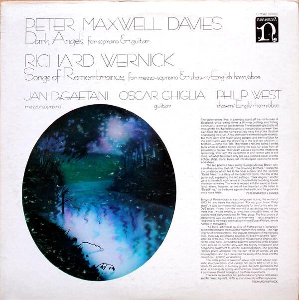 Peter Maxwell Davies / Richard Wernick, Jan DeGaetani, Oscar Ghiglia, Philip West : Dark Angels / Songs Of Remembrance (LP, Album)
