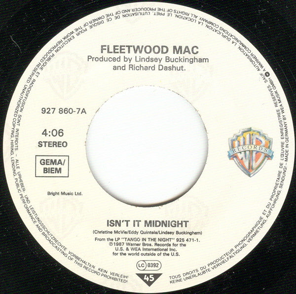 Fleetwood Mac : Isn't It Midnight (7", Single)