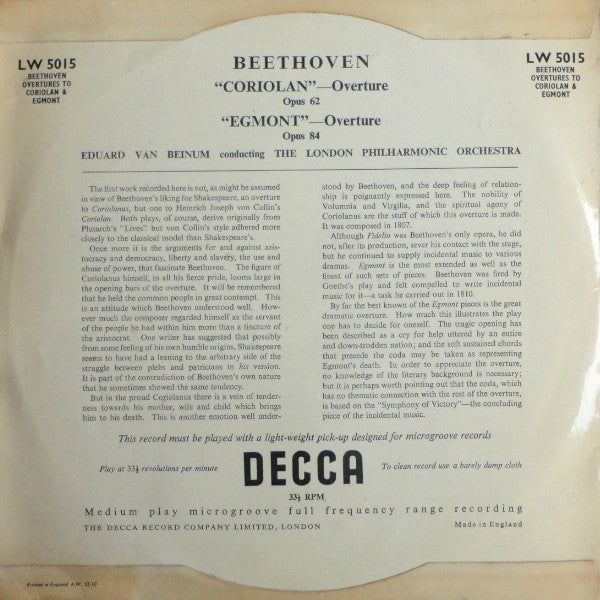 Ludwig van Beethoven - Eduard van Beinum Conducting London Philharmonic Orchestra : "Coriolan"–Overture Opus 62 / "Egmont"–Overture Opus 84 (10")