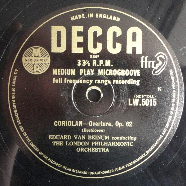 Ludwig van Beethoven - Eduard van Beinum Conducting London Philharmonic Orchestra : "Coriolan"–Overture Opus 62 / "Egmont"–Overture Opus 84 (10")