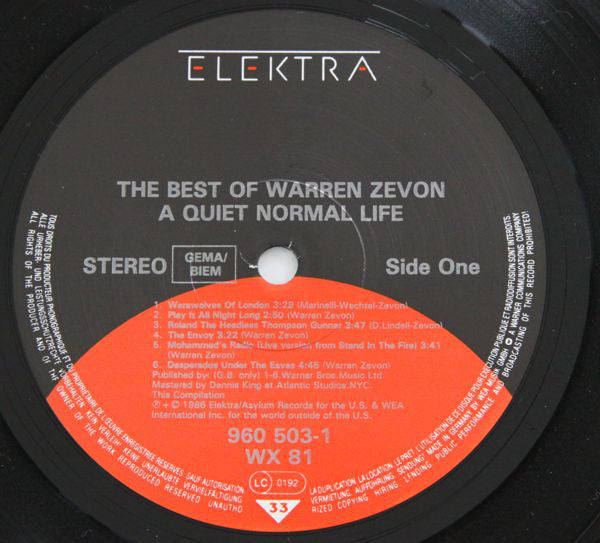 Warren Zevon : A Quiet Normal Life: The Best Of Warren Zevon (LP, Comp)
