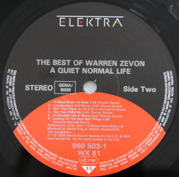Warren Zevon : A Quiet Normal Life: The Best Of Warren Zevon (LP, Comp)