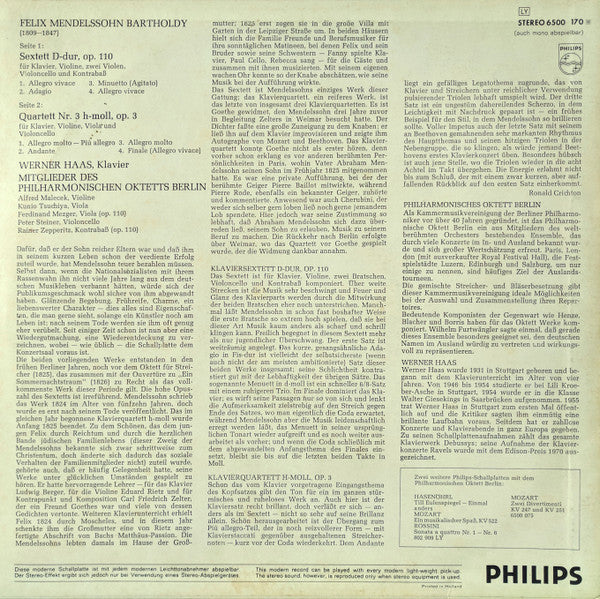 Felix Mendelssohn-Bartholdy – Werner Haas, Philharmonisches Oktett Berlin : Klaviersextet Op. 110 / Klavierquartett Nr. 3, Op. 3 (LP)