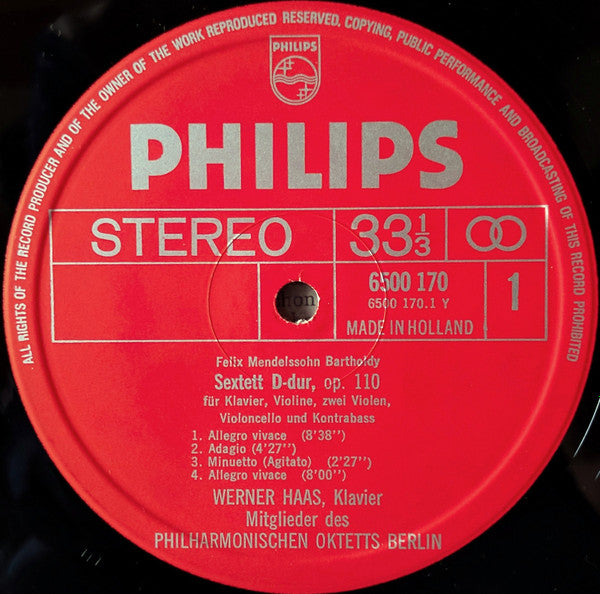 Felix Mendelssohn-Bartholdy – Werner Haas, Philharmonisches Oktett Berlin : Klaviersextet Op. 110 / Klavierquartett Nr. 3, Op. 3 (LP)