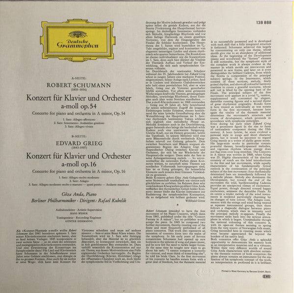 Robert Schumann / Edvard Grieg - Géza Anda, Rafael Kubelik, Berliner Philharmoniker : Klavierkonzerte In A-moll · Piano Concertos In A Minor (LP, Album, RE)