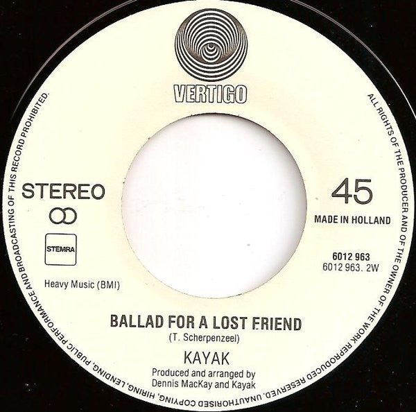 Kayak : Phantom Of The Night / Ballad For A Lost Friend (7", Single)