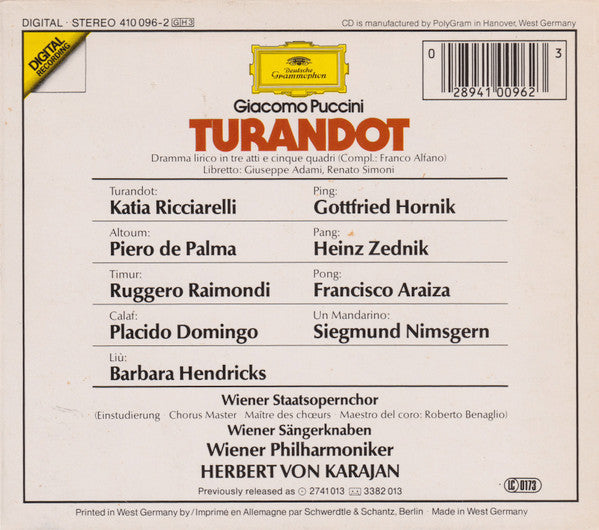 Giacomo Puccini - Katia Ricciarelli, Placido Domingo, Barbara Hendricks, Ruggero Raimondi, Wiener Staatsopernchor, Wiener Sängerknaben*, Wiener Philharmoniker, Herbert von Karajan : Turandot (3xCD, Album, RE + Box, Sli)