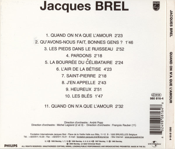 Jacques Brel : Quand On N'A Que L'Amour - Avec Les Orchestres  André Popp Et Michel Legrand (CD, RE, RM)