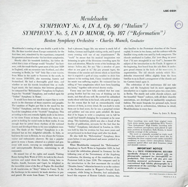 Mendelssohn* / Charles Munch, Boston Symphony Orchestra : Italian And Reformation Symphonies (LP, Ind)