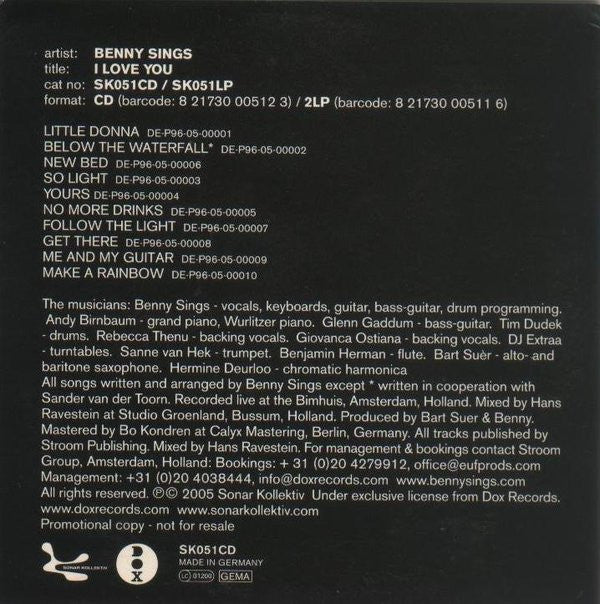 Benny Sings : I Love You (CD, Album, Promo, Car)