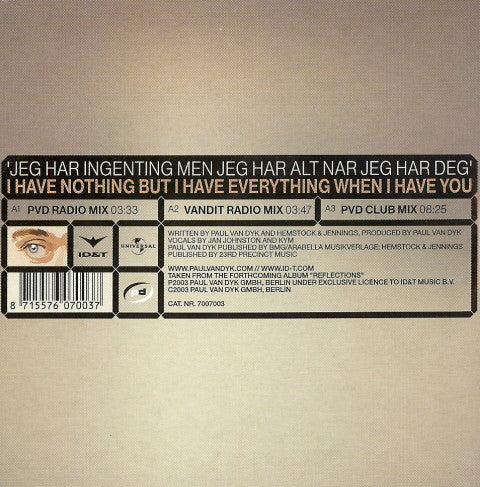 Paul van Dyk Feat. Hemstock & Jennings : Nothing But You (CD, Single, Car)