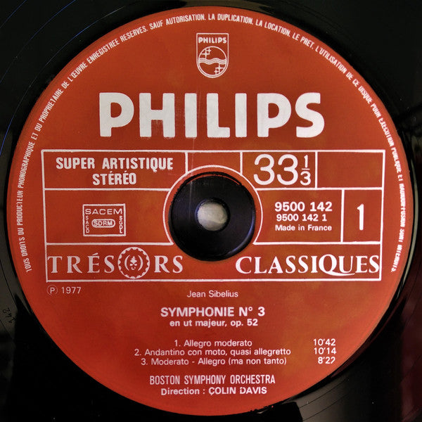 Jean Sibelius . Boston Symphony Orchestra . Sir Colin Davis : Symphonies Nºs 3 Et 6 (LP, Gat)