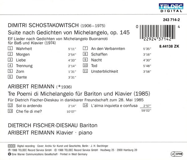 Dmitri Shostakovich, Aribert Reimann, Dietrich Fischer-Dieskau : Suite Nach Gedichten Von Michelangelo / Tre Poemi Di Michelangelo (CD, Album)