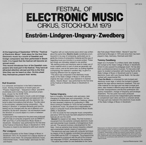 Rolf Enström · Pär Lindgren · Tamas Ungvary · Tommy Zwedberg : Festival Of Electronic Music - Cirkus, Stockholm 1979 (LP, Album)