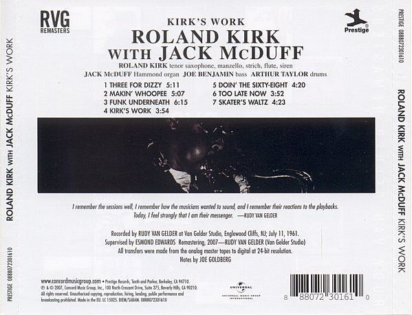 Roland Kirk With Brother Jack McDuff : Kirk's Work (CD, Album, RE, RM)