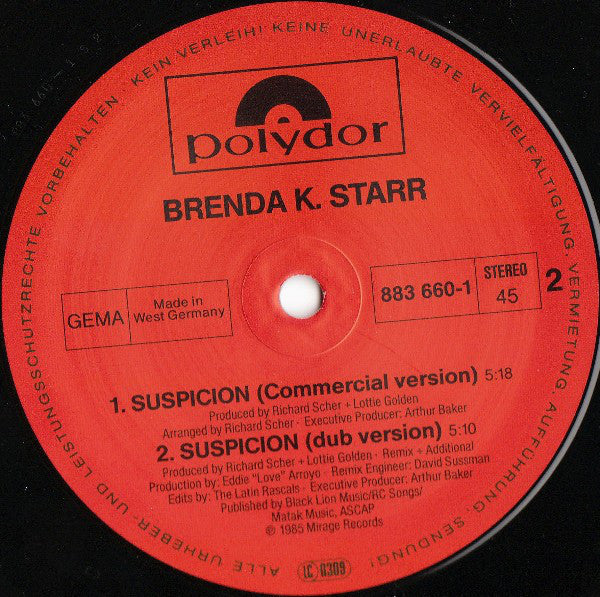 Brenda K. Starr : Suspicion (12", Maxi)