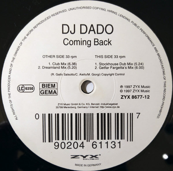 DJ Dado : Coming Back (12")