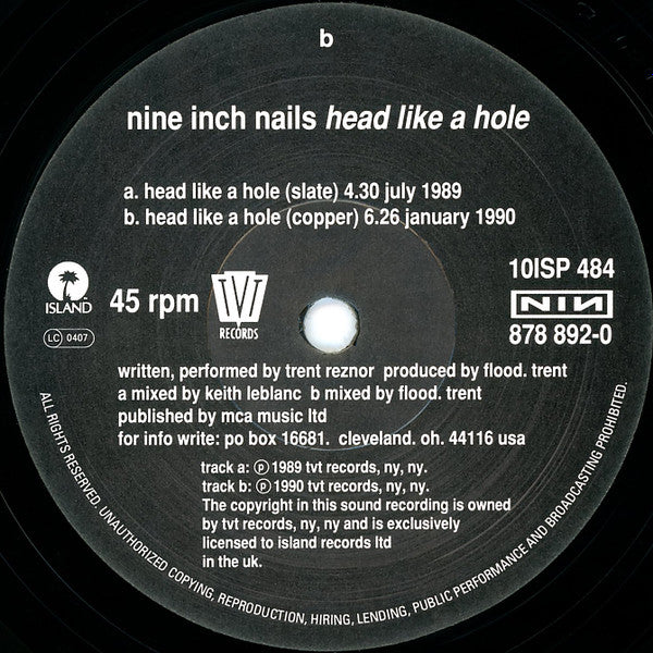 Nine Inch Nails : Head Like A Hole (10", Single, Ltd)