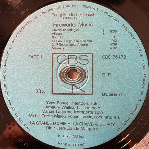 Georg Friedrich Händel, La Grande Ecurie Et La Chambre Du Roy, Jean-Claude Malgoire : Fireworks Music - Concerto "A Due Cori En Si Bémol" (LP)