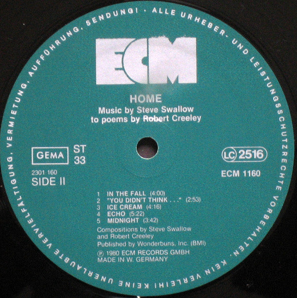 Steve Swallow : Home · Music By Steve Swallow To Poems By Robert Creeley (LP, Album)