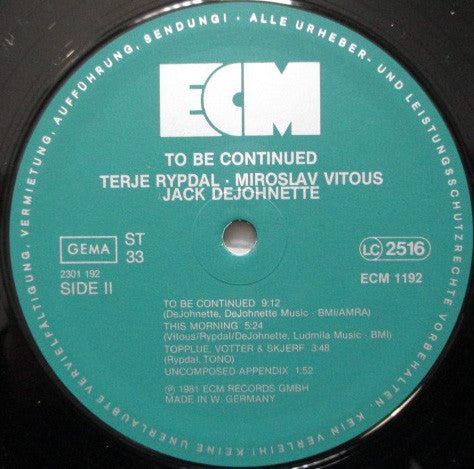 Terje Rypdal, Miroslav Vitous, Jack DeJohnette : To Be Continued (LP, Album)