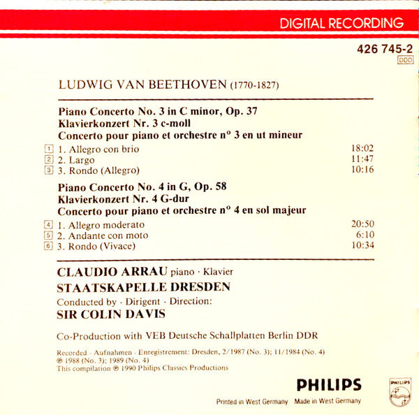 Ludwig van Beethoven - Claudio Arrau, Staatskapelle Dresden, Sir Colin Davis : Klavierkonzerte Nr. 3 & 4 (CD, Comp)