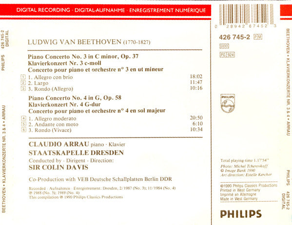 Ludwig van Beethoven - Claudio Arrau, Staatskapelle Dresden, Sir Colin Davis : Klavierkonzerte Nr. 3 & 4 (CD, Comp)