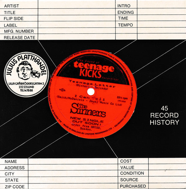 The Sinners (2) : Teenage Letter / I Can Tell (Flexi, 7", S/Sided, Red)