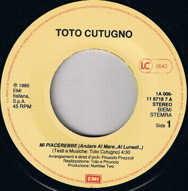 Toto Cutugno : Mi Piacerebbe... (Andare Al Mare... Al Lunedì...) (7", Single)