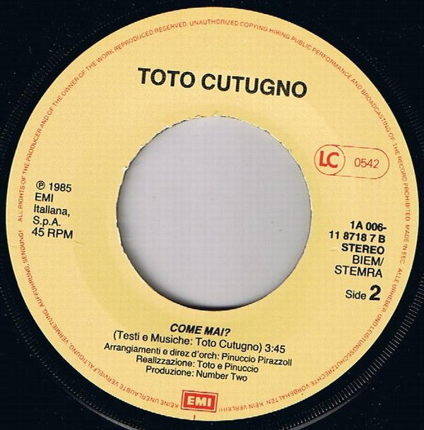 Toto Cutugno : Mi Piacerebbe... (Andare Al Mare... Al Lunedì...) (7", Single)