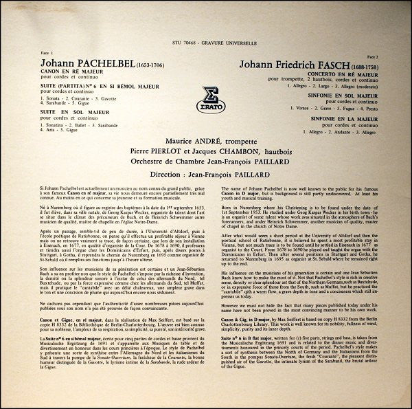Johann Pachelbel / Johann Friedrich Fasch - Maurice André, Orchestre De Chambre Jean-François Paillard : Le Canon De Pachelbel & Deux Suites Pour Cordes / Le Concerto Pour Trompette De Fasch & Deux Symphonies (LP, RE)