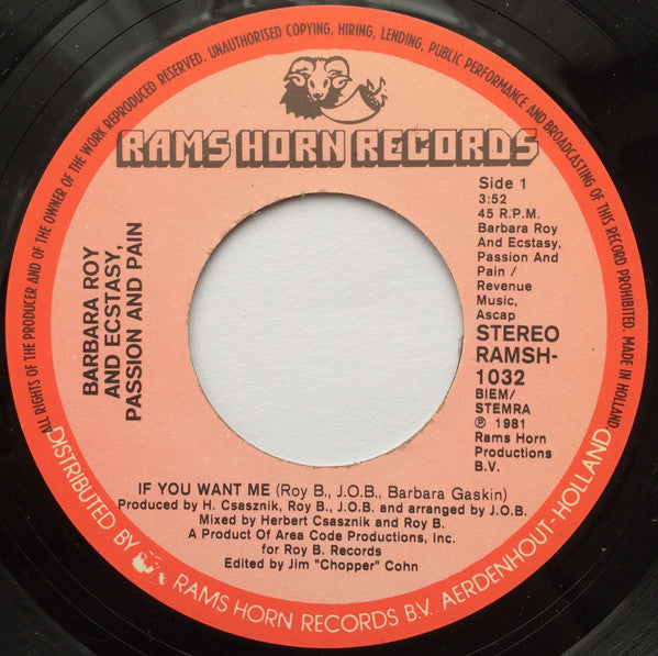 Barbara Roy And Ecstasy, Passion & Pain : If You Want Me (7", Single)